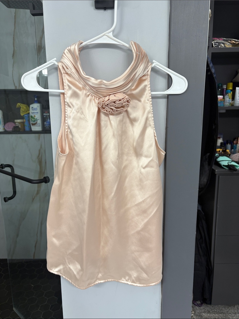 Rachel Zoe Blush Satin Sleeveless Shell with Rosette Neck
